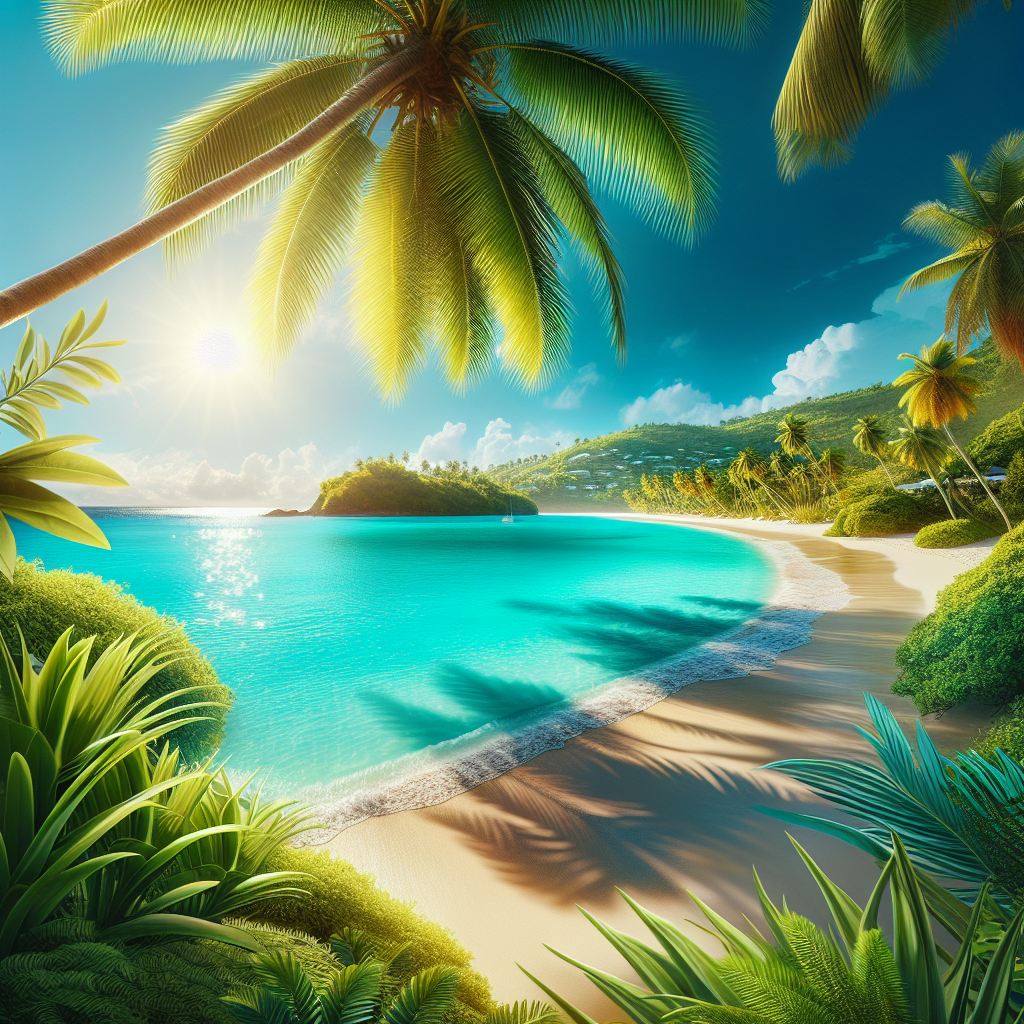 Caribbean paradise, pristine beaches of Antigua, vibrant turquoise sea, and lush tropical greenery.