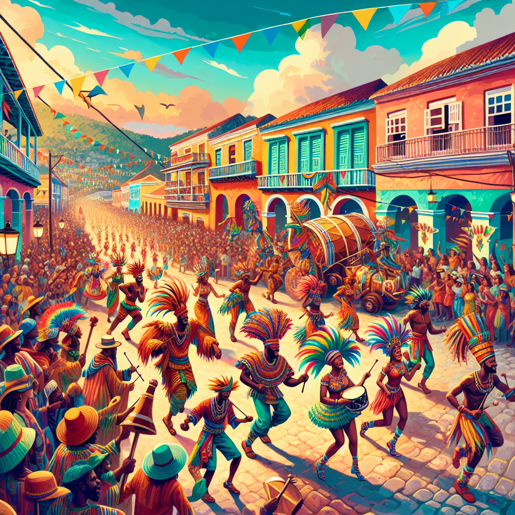 A vibrant Caribbean festival scene in Antigua with colorful costumes, lively street parade, and traditional music instruments.