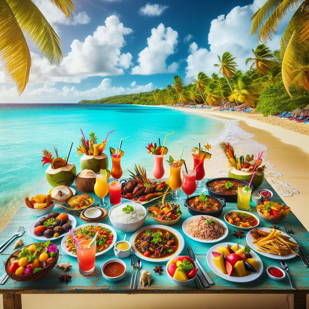 Et bord fylt med fargerike karibiske retter og drikkevarer på en tropisk strand i Antigua