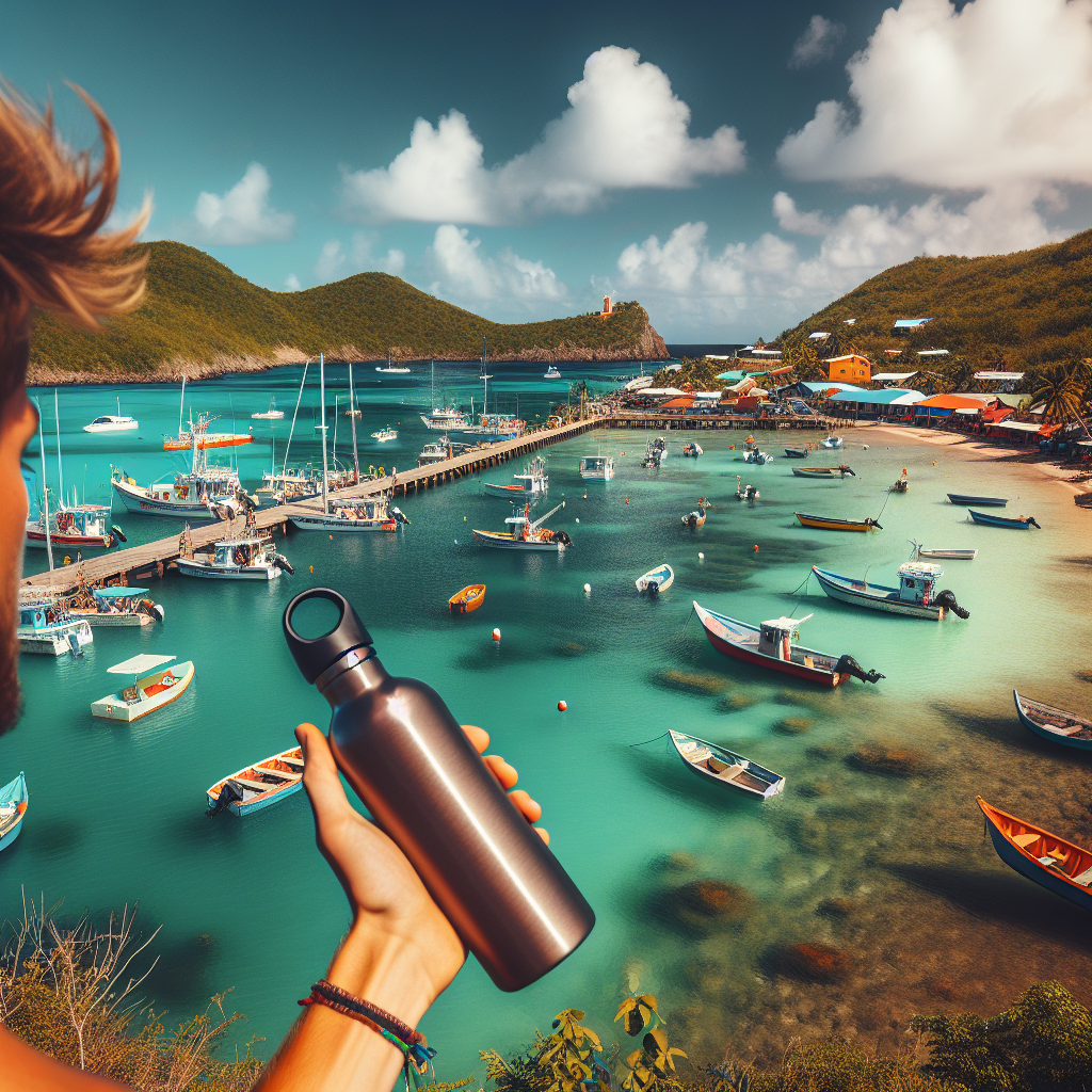 Oversiktsbilde av Antigua: grønn tropisk kystlinje, klar blå himmel, lokale fiskebåter ved bryggen og en besøkende med gjenbrukbar vannflaske, varm fargeskala