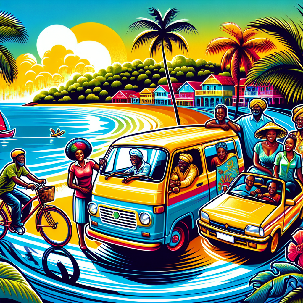 Fargerik scene av lokal minibuss, taxi og syklist ved Antiguas kyst, karibisk sol, palmer og klar blå himmel, vennlige lokalbefolkning