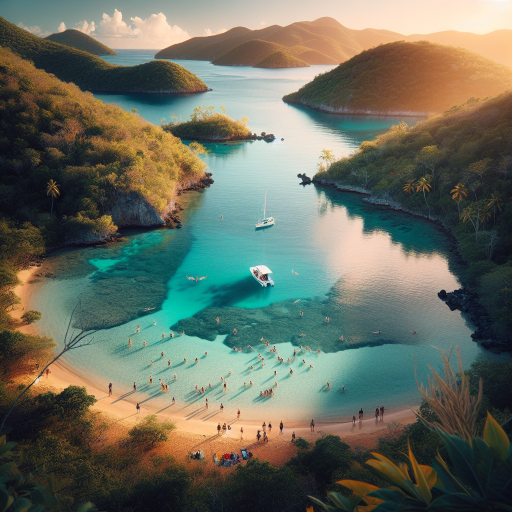 Panoramabilde av en rolig, skjult vik på Antigua ved soloppgang, turister i avstand, frodig grønt, krystallklart vann og en liten båt, varm naturlig fargetone