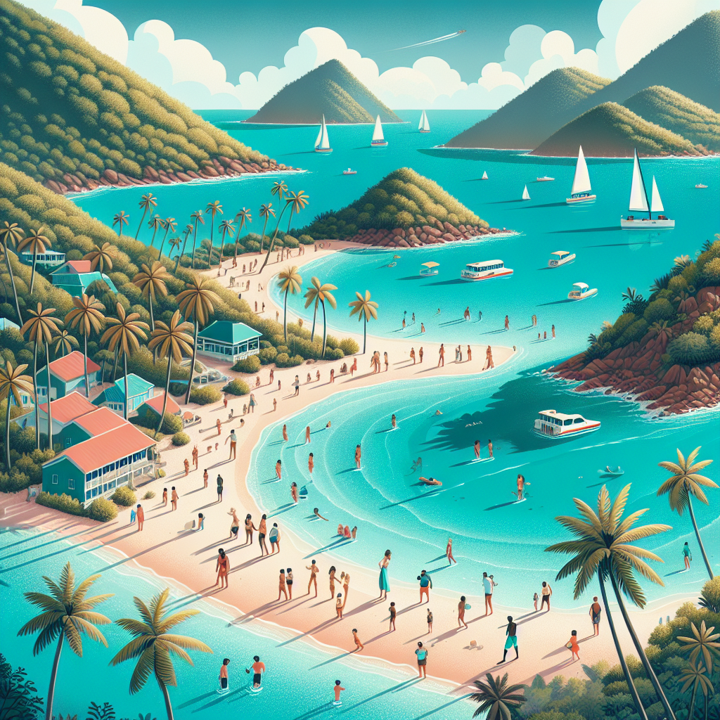 Lyse, innbydende bilde av Antiguas kyst med turkist hav, palmer og en liten bukt med besøkende som utforsker stranden