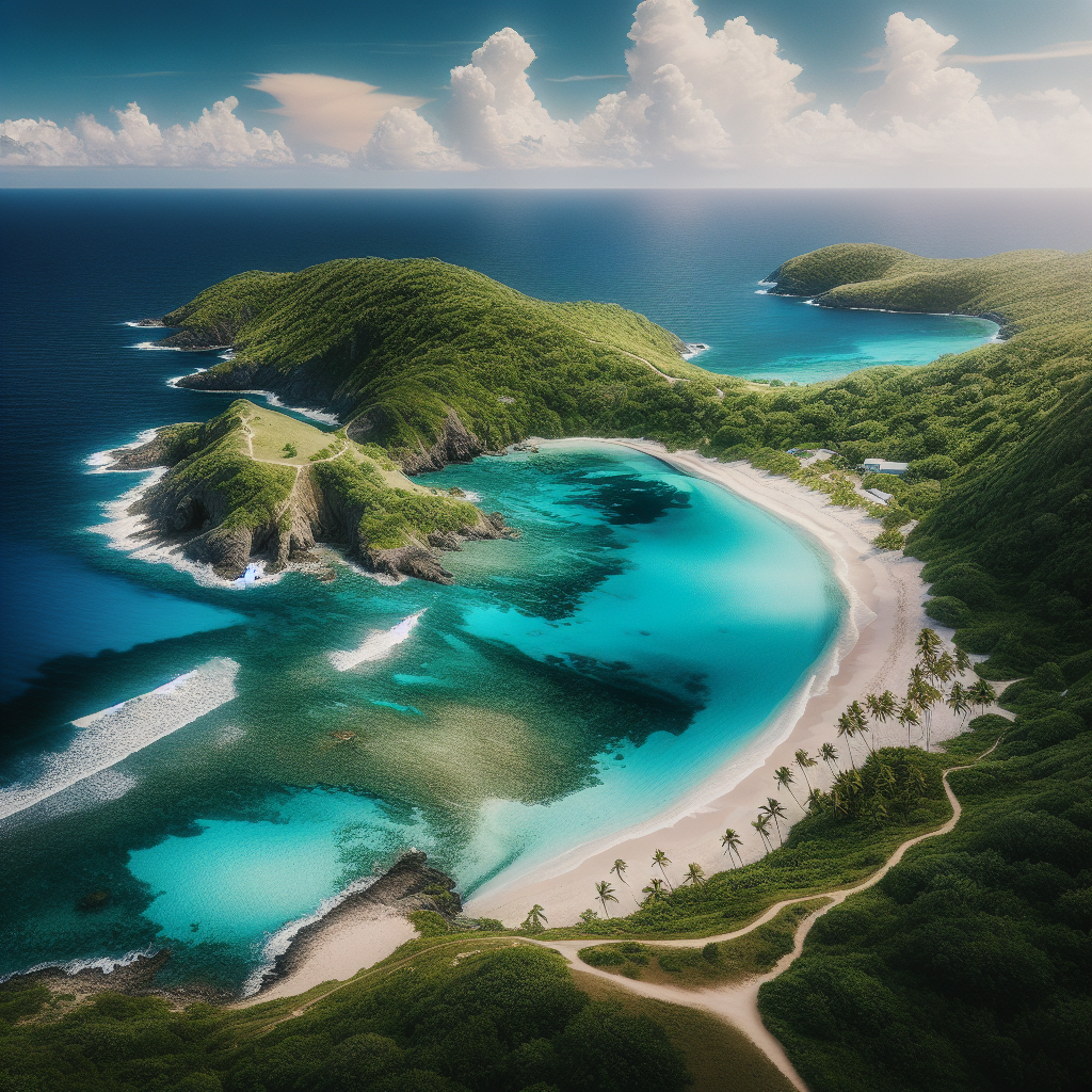 Luftfoto av en karibisk kystlinje med klare blågrønne farvann, en liten skjult bukt med hvit sand, frodig grønn vegetasjon og en enslig sti mot utsiktspunktet