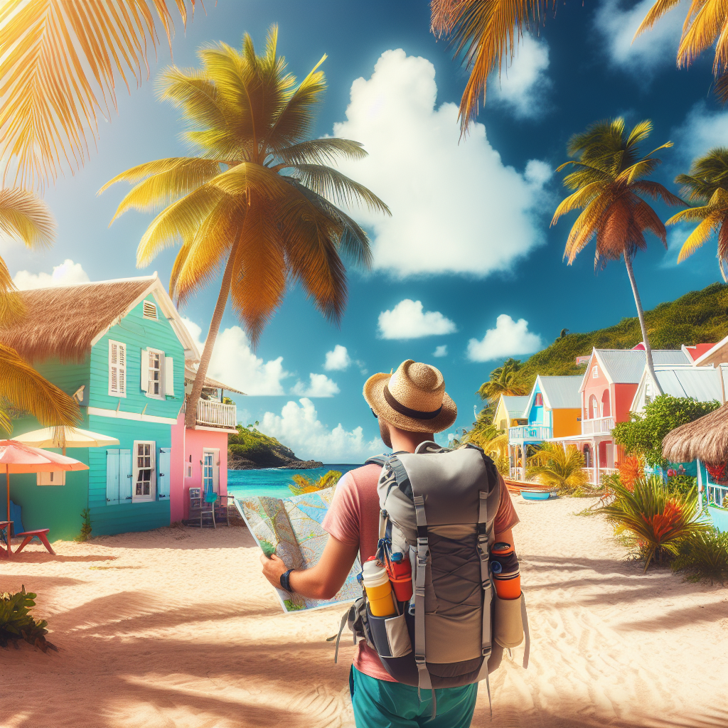 Solrik karibisk strand på Antigua med palmer, fargerike lokale hus, en turist med ryggsekk som studerer et kart, livlig og innbydende dagslys