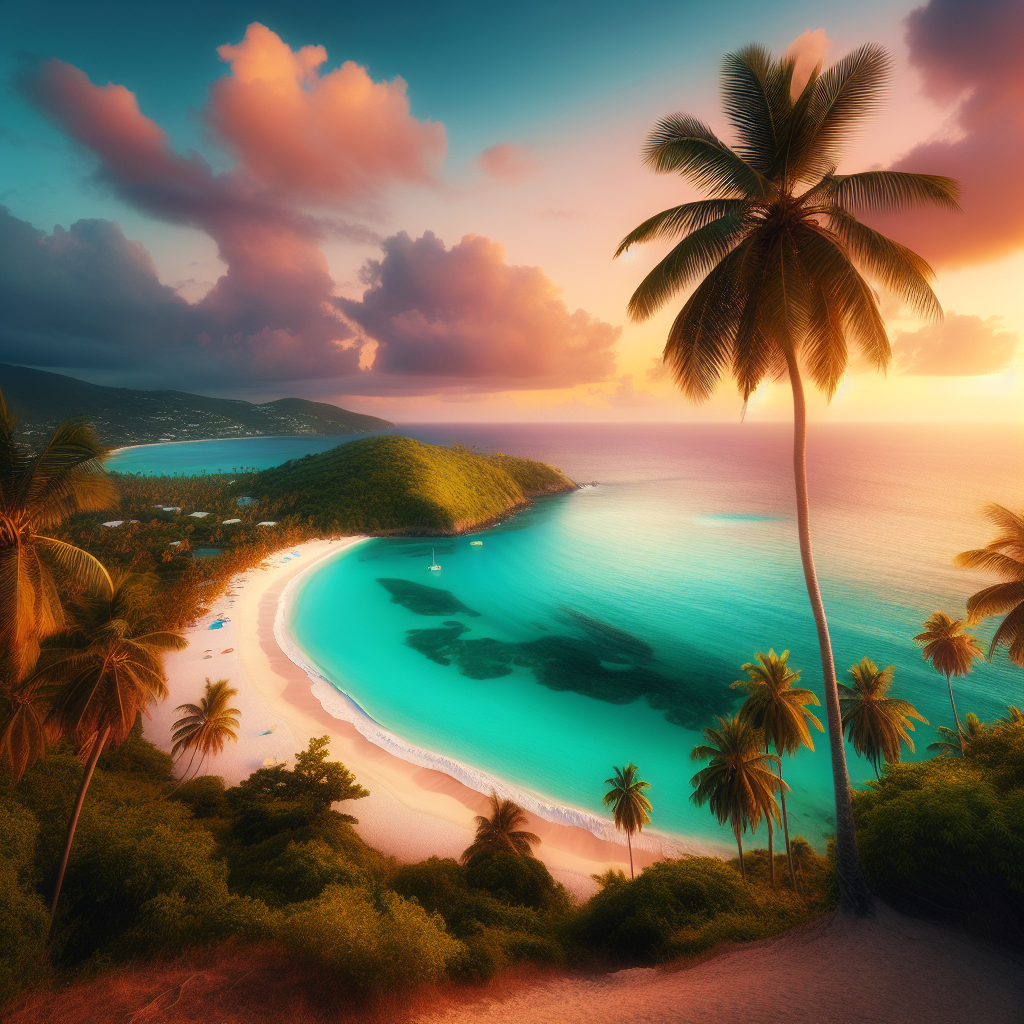 Panoramabilde av en tropisk Antigua-bukt med hvit sand, klart turkis vann, frodige grønne palmer og en rolig solnedgang, høy detaljrikdom