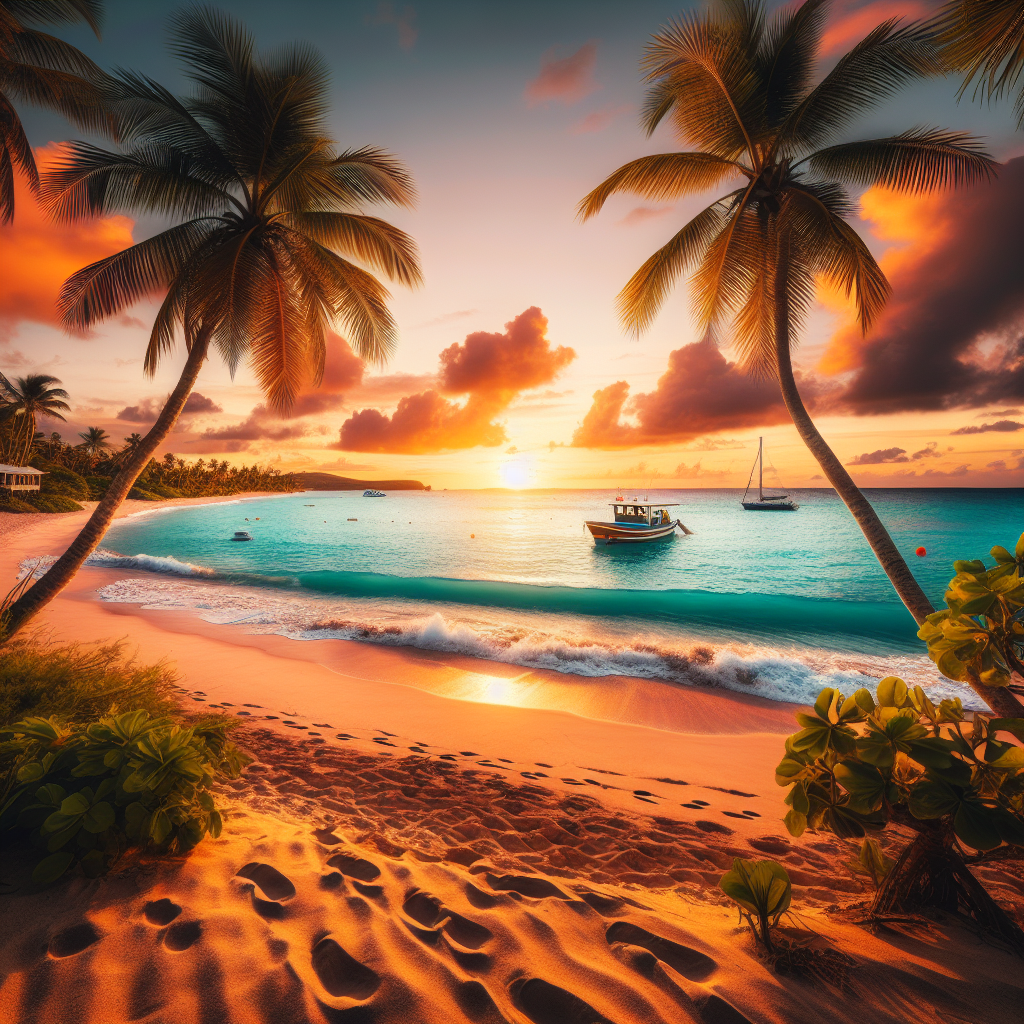 Solnedgang over en karibisk strand på Antigua med palmer, turkist hav, en liten båt i horisonten og fotturspor i sanden
