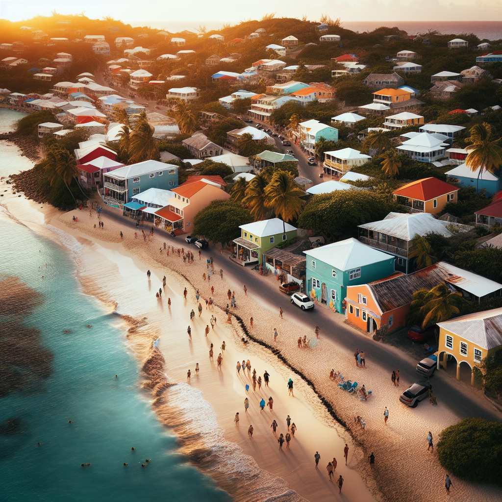 Luftfoto av en karibisk kystlinje på Antigua med turister som vandrer forsiktig langs stranden, lokale fargerike hus i bakgrunnen, solnedgangslys, naturlig og rolig stemning